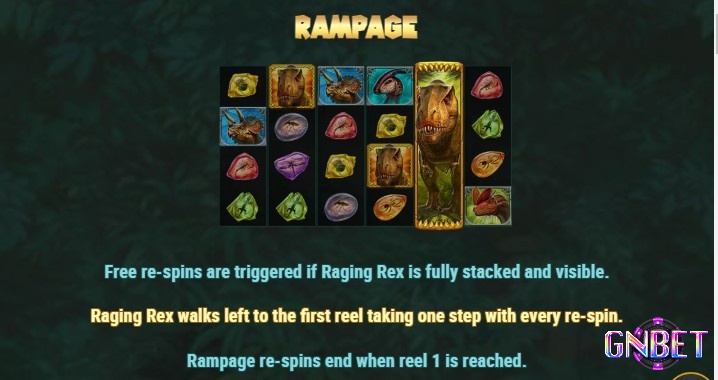 Tính năng Rampage sẽ được kích hoạt khi quay được Wild , sau đó các Raging Rex sẽ di chuyển sang trái sau mỗi lượt quay