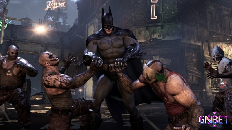 Cảnh chiến đấu gay cấn giữa Batman và các kẻ thù trong thành phố Gotham của game Batman: Arkham City